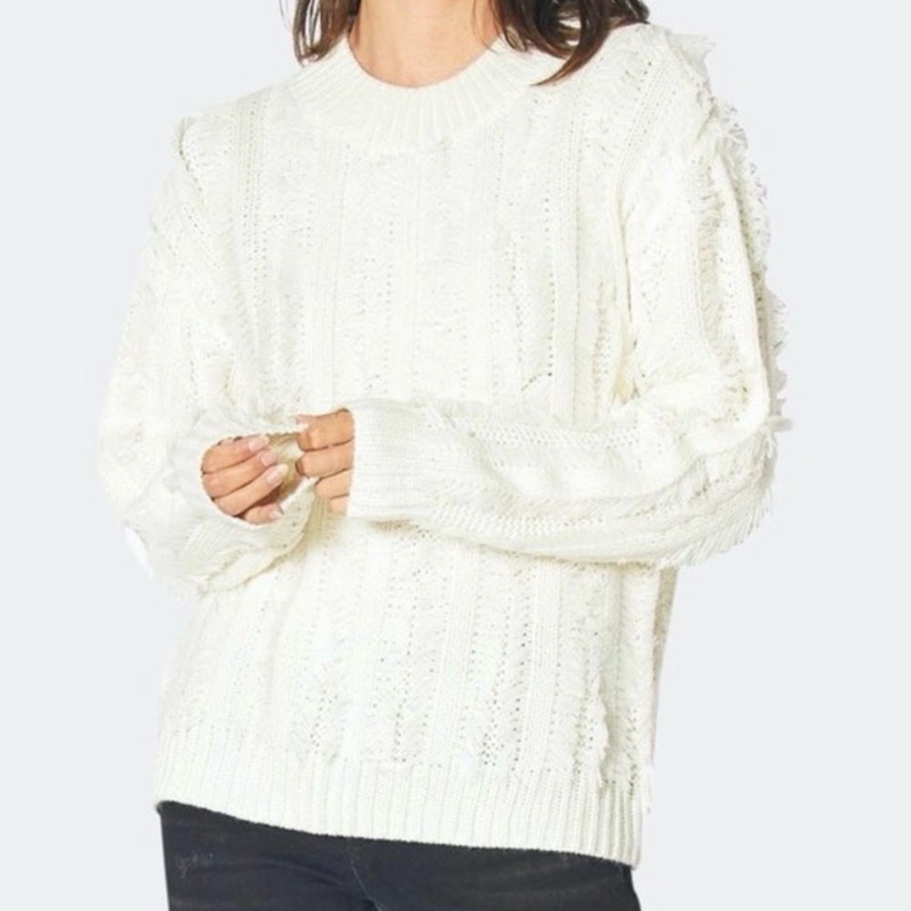 RO&DE Anthropologie Eyelash Fringe Crewneck Sweater Ivory Sz XS
